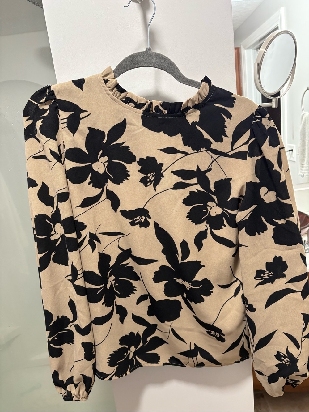 Floral Ruffle Neck Long Sleeve Top in Beige and Black